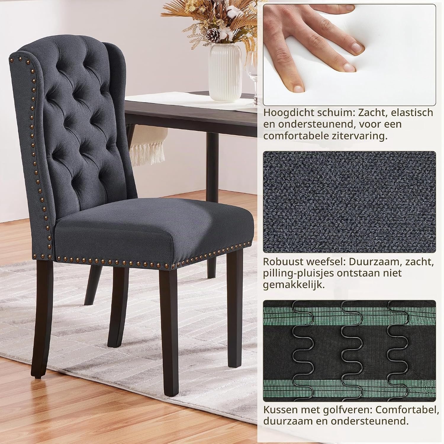 Set van 6 Luxe Gestoffeerde Eetkamerstoelen met Wingback Rugleuning, Donkergrijze Stoffen Keukenstoelen met Knoopdetails, Nagelranddecoratie, Massief Houten Poten en Verstelbare Vloerbeschermers, 46,5 × 63 × 104 cm, Belastbaar tot 140 kg per Stoel