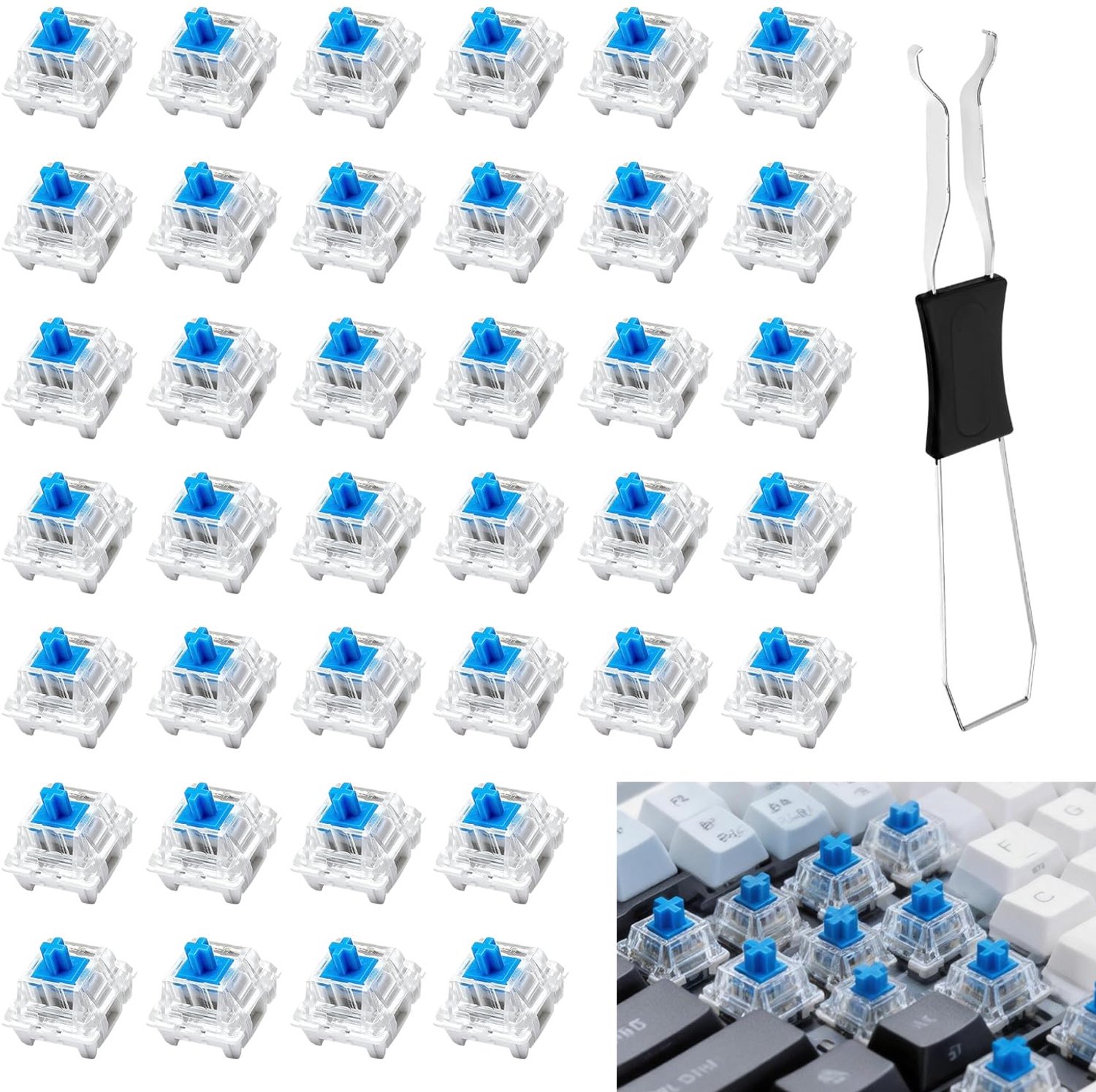 38 Stuks Transparante Blauwe Toetsenbord Switches met Puller