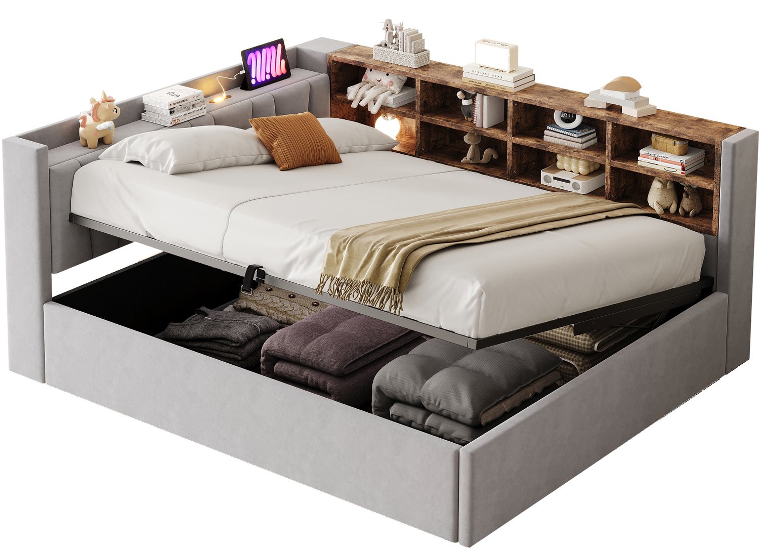 REDOM Gestoffeerd bed 140x200 cm - Hydraulische opbergruimte en zijvakken - Nachtlampje en USB - Lichtgrijs