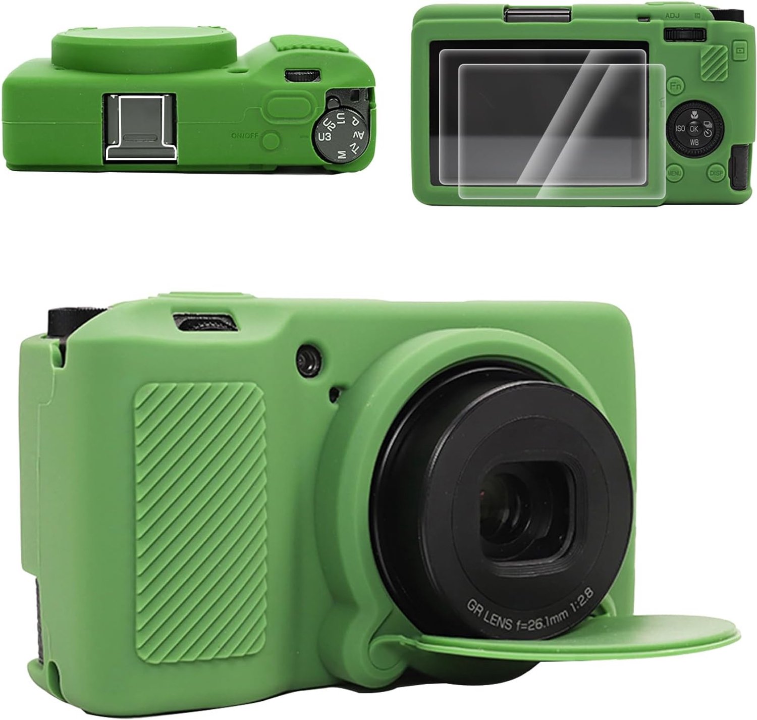 Hoesje voor Ricoh GRIII/GRIIIx/GR3/GR3X, 1 x screenprotector, 2 x hot shoe cover: GRIIIx beschermhoes voor Ricoh GR III, afneembare lenshoes, lichtgewicht, groen, camera case set