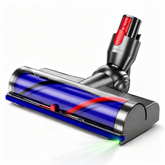 Stofzuigermondstuk met roterende blauwe borstelrol, rode details, en ingebouwde groene LED-verlichting aan de zijkant.
