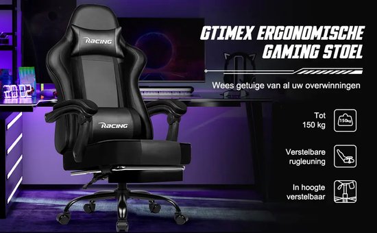 GTIMEX Gamingstoel Ergonomische bureaustoel met uitschuifbare voetensteun Gamingstoel met hoofdsteun en lendensteun Beklede gamingfauteuil 150 kg In hoogte verstelbare gamingstoel — afbeelding 3