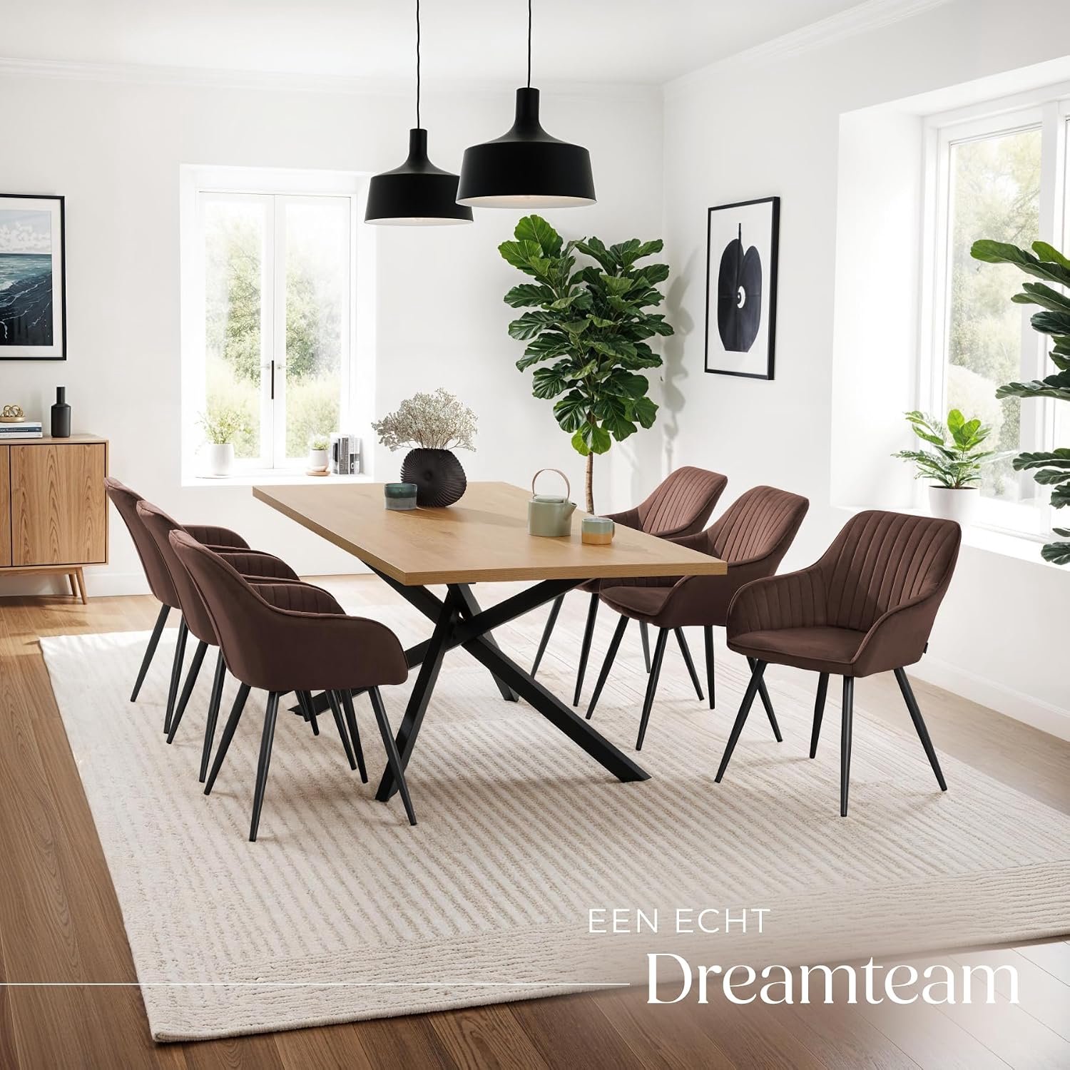 VelvetLuxe Fluwelen Eetkamerstoelen Set van 6 – Moderne Gestoffeerde Kuipstoelen met Armleuningen en Stikpatroon – Comfortabele Eetkamerstoelen voor Woonkamer, Eetkamer en Kaptafel – Bruin/Zwart