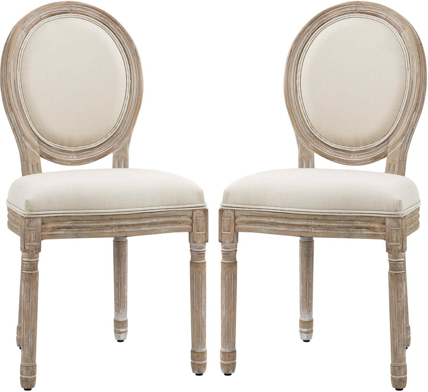 Lunpog Set van 2 eetkamerstoelen - Ladewijk XVI-stijl medaillonstoel - massief hout gesneden, gepatineerd - beige linnenlook Crème