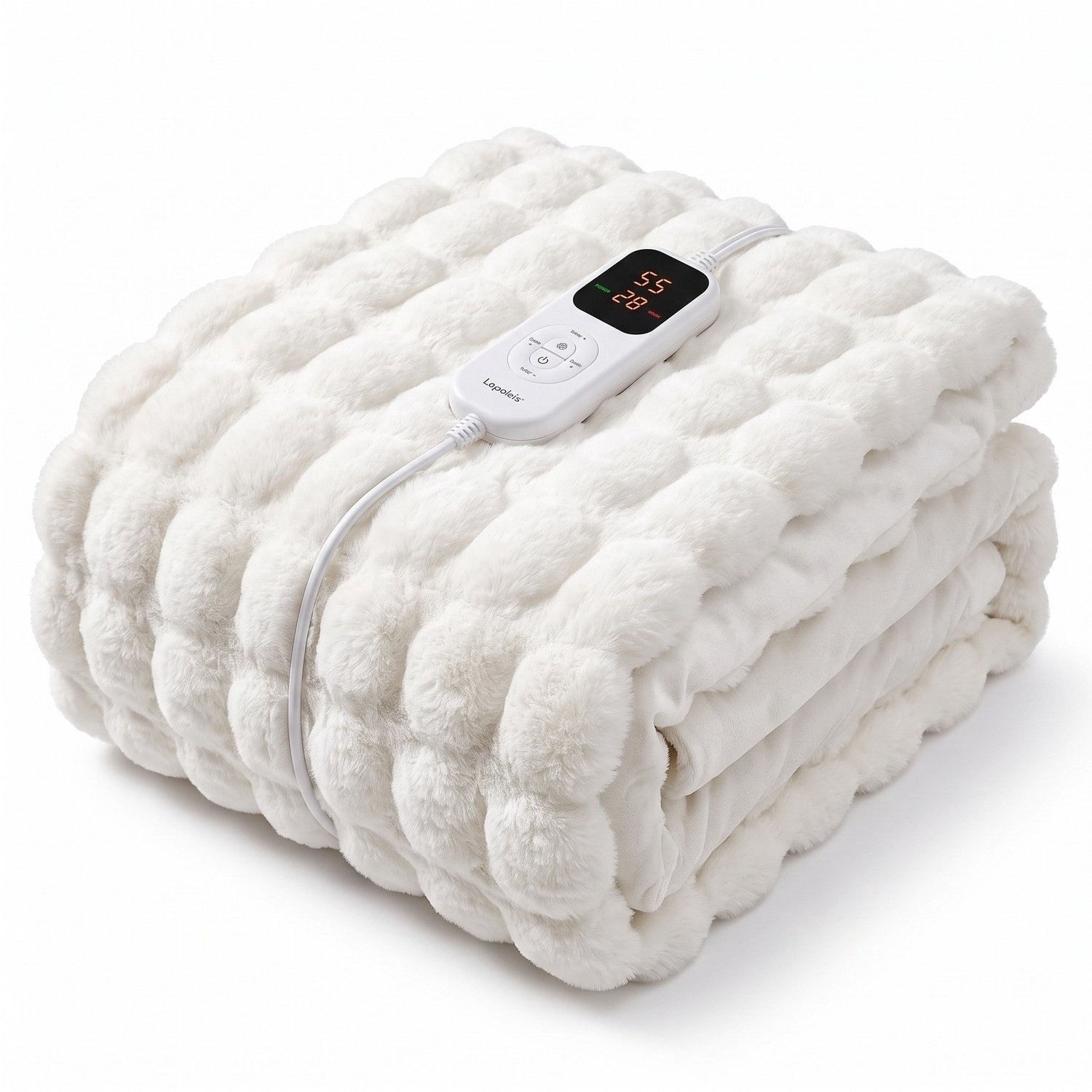 Lopoleis Elektrische Deken – XXL 180x150 cm – 6 Warmtestanden – Verwarmingsdeken – Bovendeken & Warmtedeken – Omslagdeken & Knuffeldeken – Bubbel Faux Fur – Wit