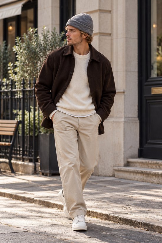 Man in grijze muts, bruine jas, witte trui en beige broek wandelt op straat.
