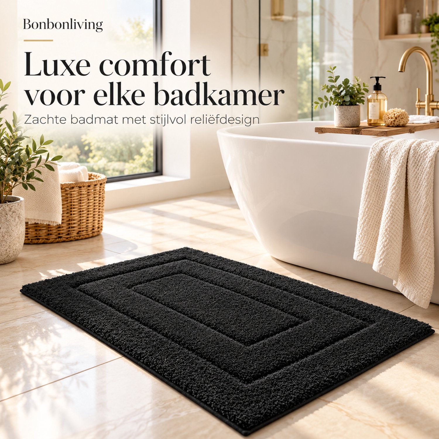 BONBONLIVING Badmat 40x60 cm Zwart – Zachte Waterabsorberende Badkamermat met Antislip – Moderne Douchemat voor Badkamer, Douche & Toilet