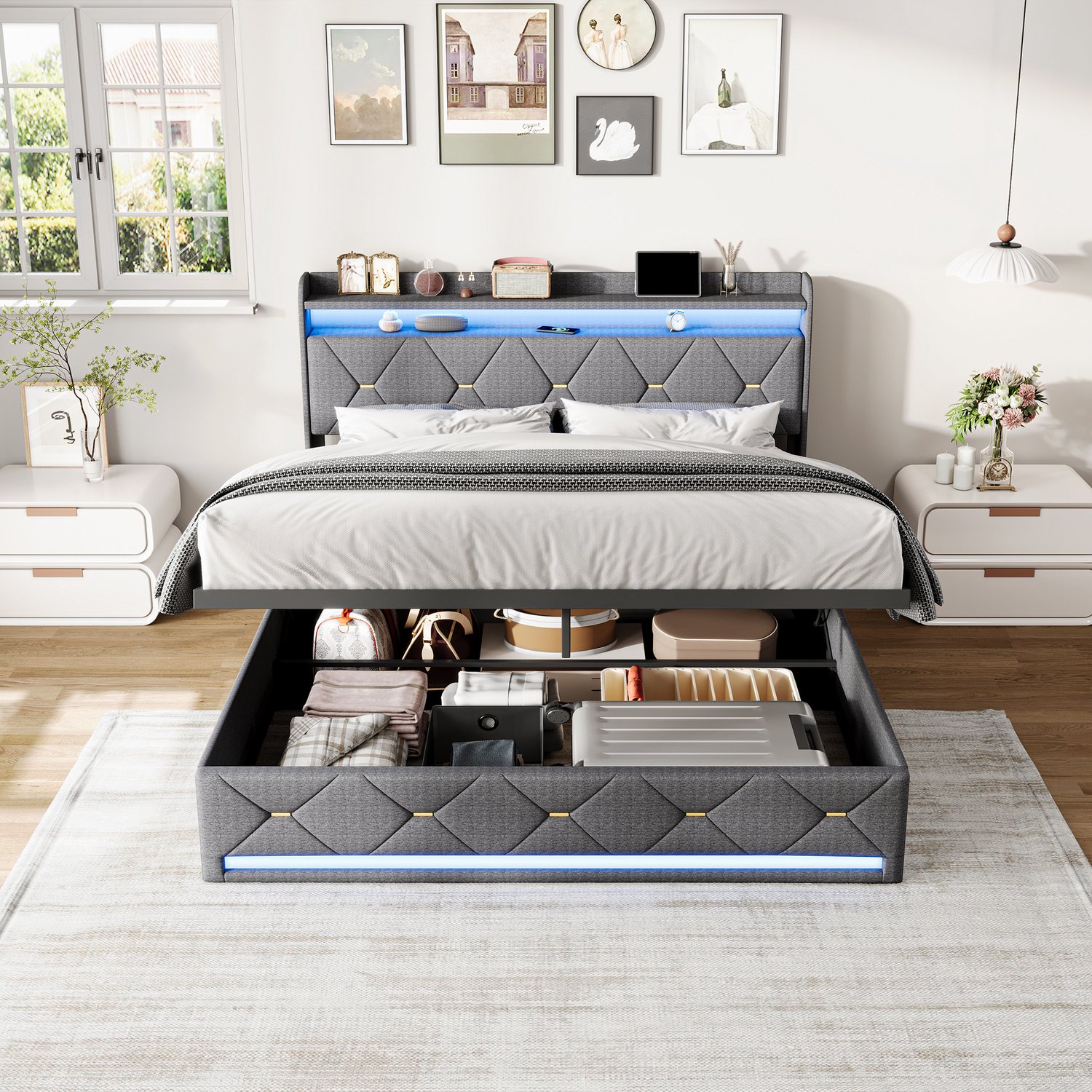 ROSAHQNDA Volwassen bed 140x200 cm, tweepersoons opbergbed met LED-verlichting en gouden siernagels, lattenbodem, linnen, grijs, zonder matras