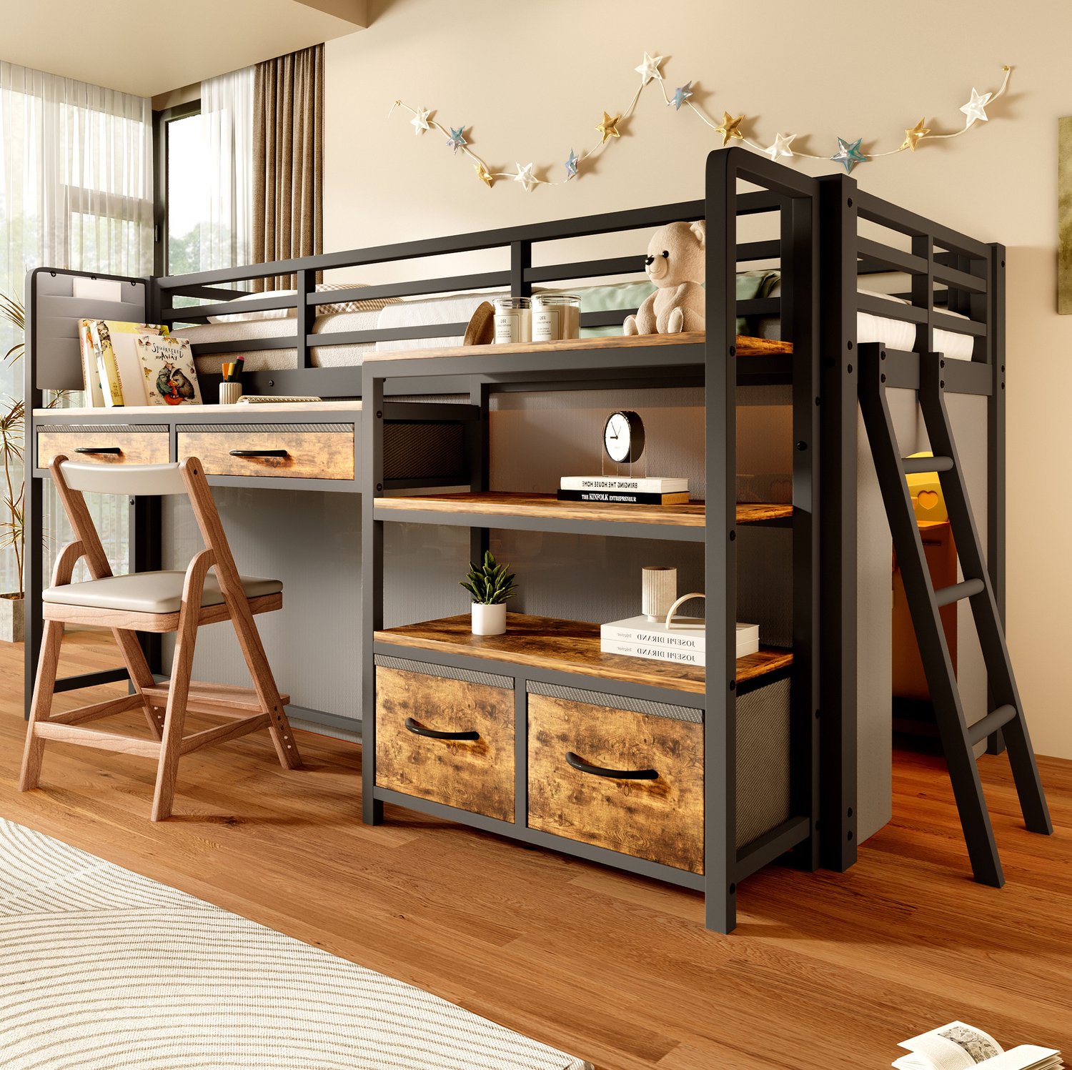 HAUSS SPOLE Hoogslaper 90x200 cm - Eenpersoonsbed met Bureau en Opbergruimte - Met Stoffen Lades en Verlichting - Zonder matras - Metaal - Zwart