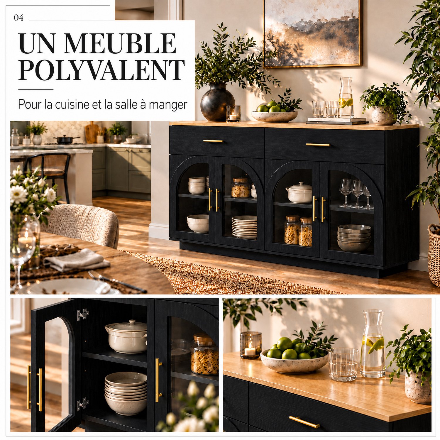 HAUSS SPOLE Keukenkast - Ledverlichting, 2 Laden En 4 Deuren - Voor Keuken En Eetkamer - Mdf En Spaanplaat - 147x40x86 Cm - Zwart En Naturel