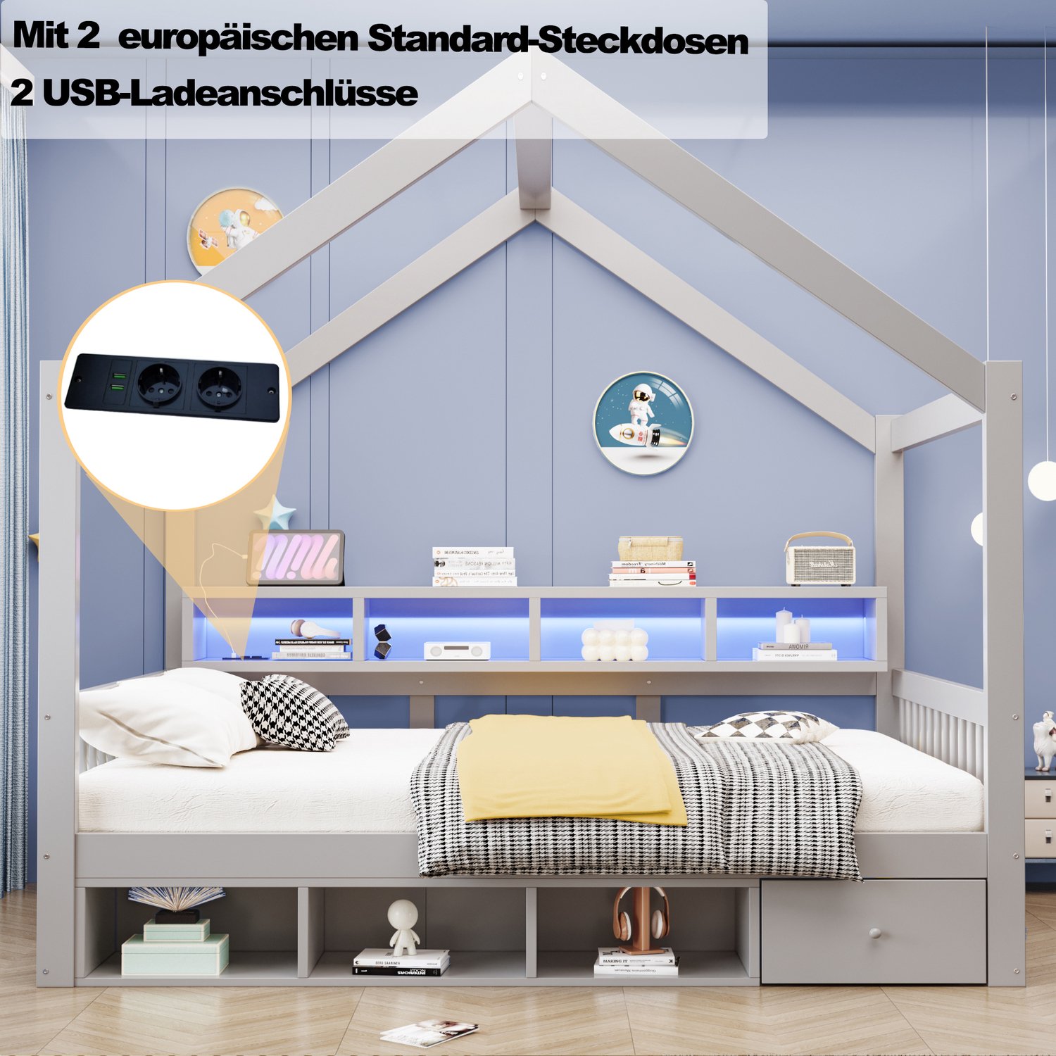 HAUSS SPOLE Huisbed 140x200 cm - Dakframe en Uitvalbeveiliging - Lades en Opbergruimte - Verlichting en Stopcontact - Zonder Matras - Hout en MDF - Grijs