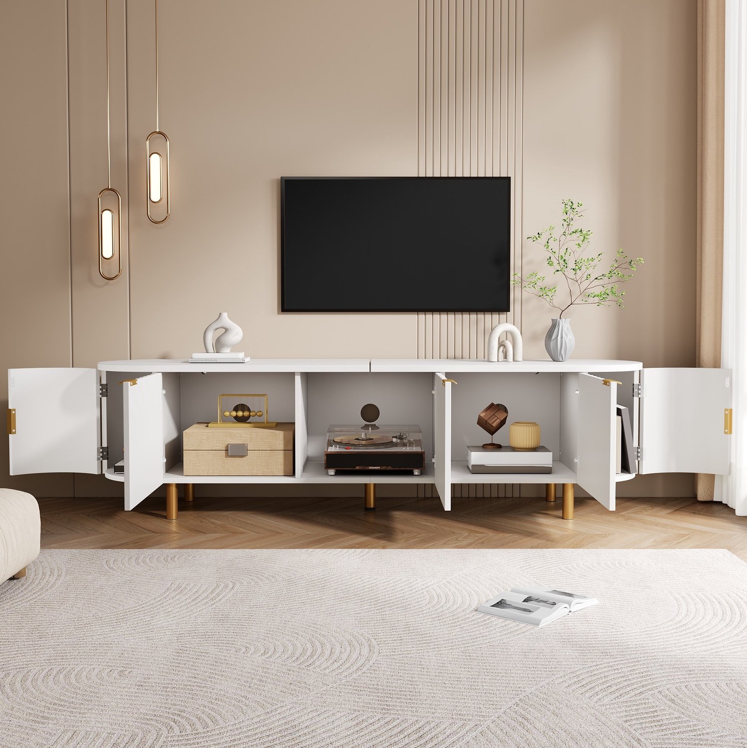 HAUSS SPOLE Tv-Meubel - Geribbelde Front Met 5 Deuren - Voor de Woonkamer - Mdf Met IJzeren Poten - 170x40x47 Cm - Wit