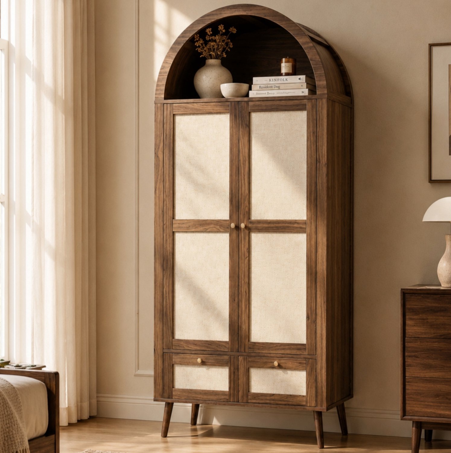 HAUSS SPOLE Kledingkast - Boogvorm Met 2 Deuren En 2 Laden - Kledingroede En Open Vak Voor De Slaapkamer - Mdf En Pe - 80x55x180 Cm - Walnootkleur En Beige Walnootkleurig en beige