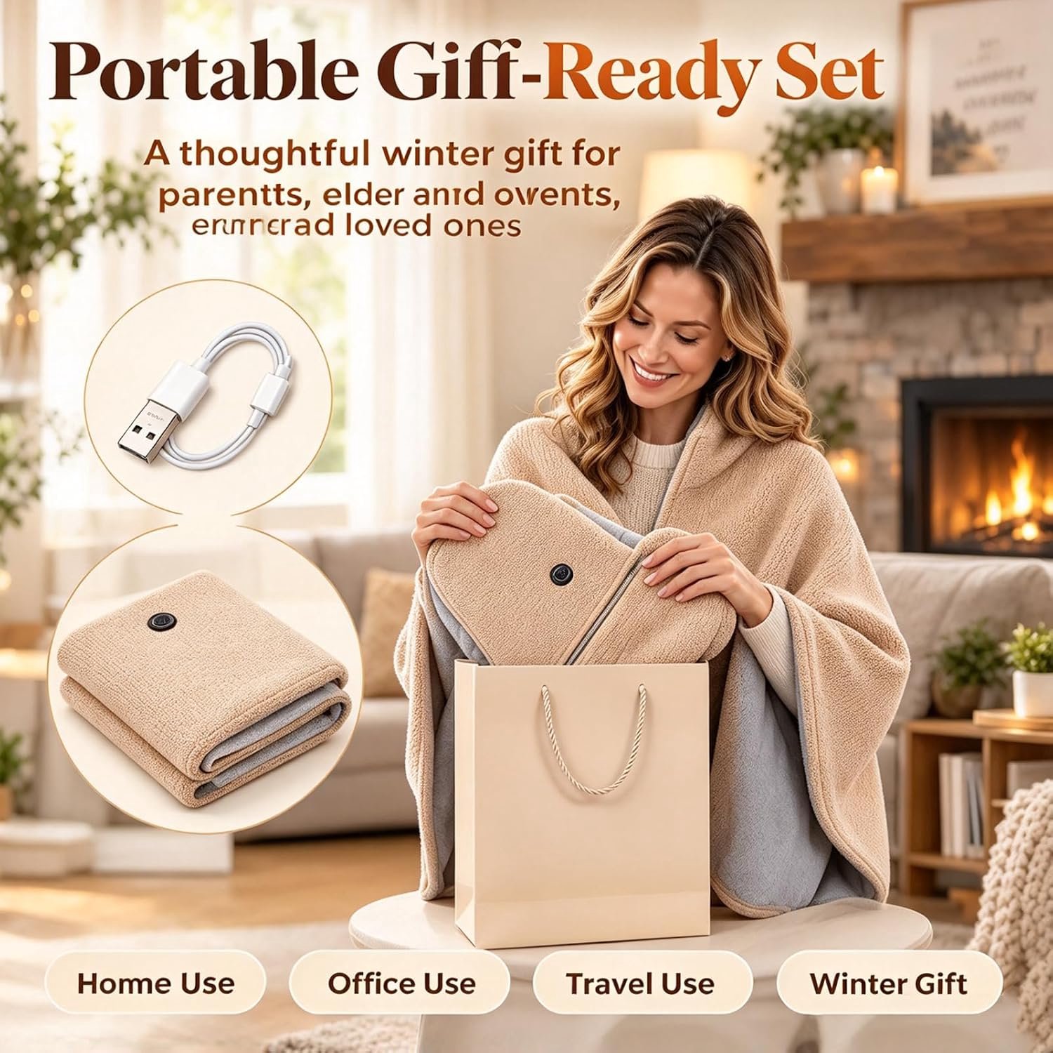 Elektrische deken - Elektrische Cape met Rits - Heated Shawl - Warmtedeken - Warmte Poncho - 3 Standen - snelle warmteafvoer - USB (Excl. Powerbank) - voor kantoor, bank, reizen - 150x80cm - Khaki – foto 6