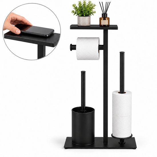 Zwarte vrijstaande toiletrolhouder met toiletborstel, reserverolhouder en bovenblad voor telefoon.