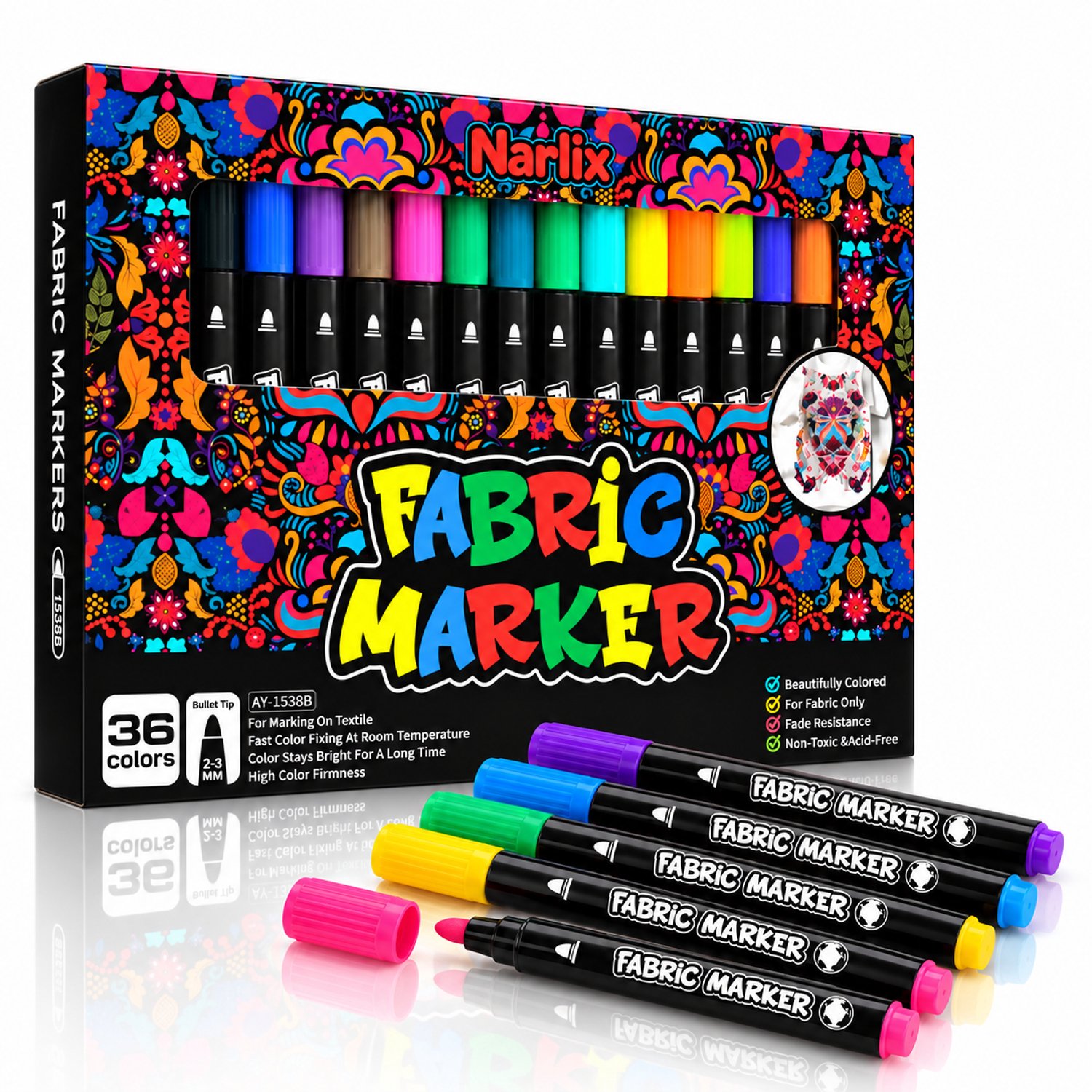 Narlix Textielstiften - 36 Kleuren - Textielmarkers - Kledingstiften voor T-shirts, Tassen en Stoffen