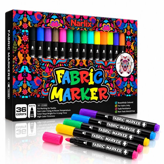 Doos met 36 Narlix textielstiften met kleurrijke bloemenprint en vijf losse markers op de voorgrond.