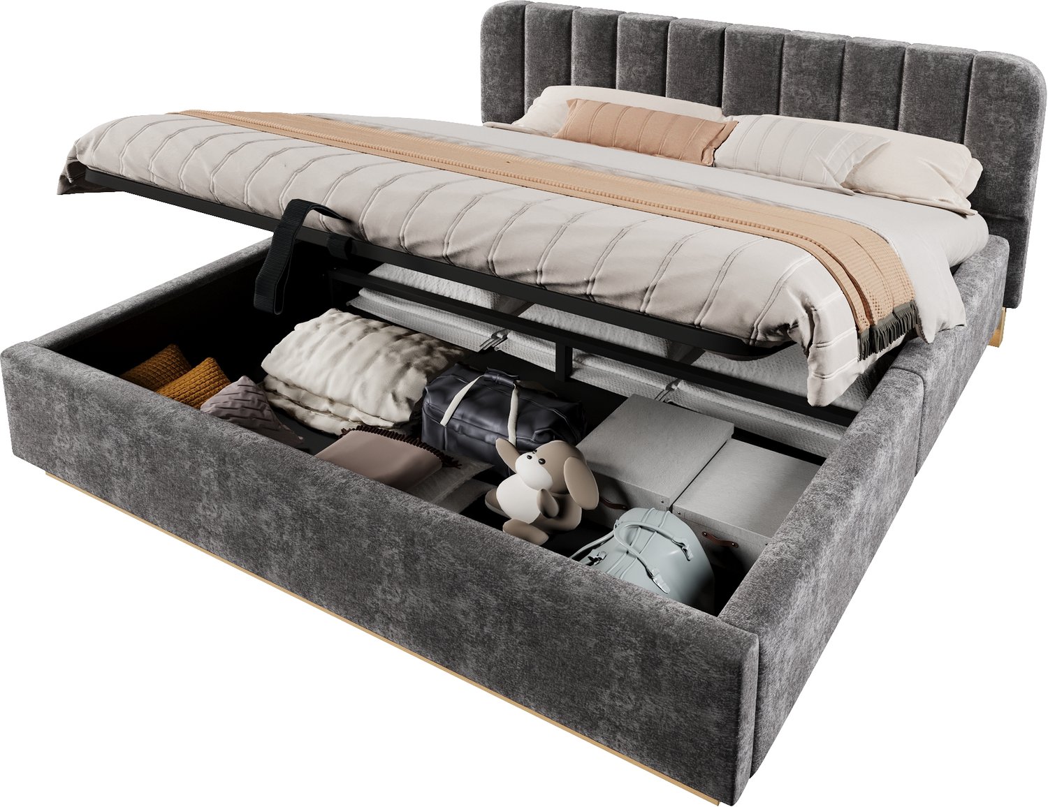 REDOM Gestoffeerd tweepersoonsbed 180x200 cm - Hydraulische opbergruimte, lattenbodem en LED - Antraciet