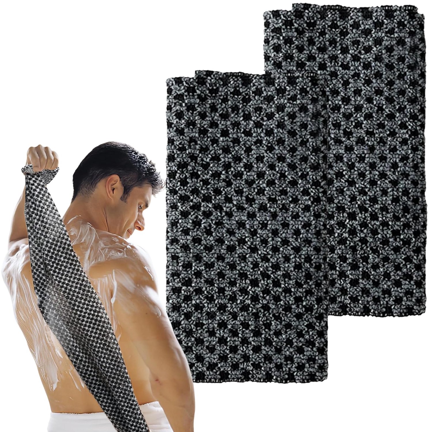 Peeling-handdoek 2 stuks - Extra lange Scrub doek rug - Rugrubber voor bad/douche - Zwart polyester koolstofvezel - 100 × 22 cm - Scrubdoek