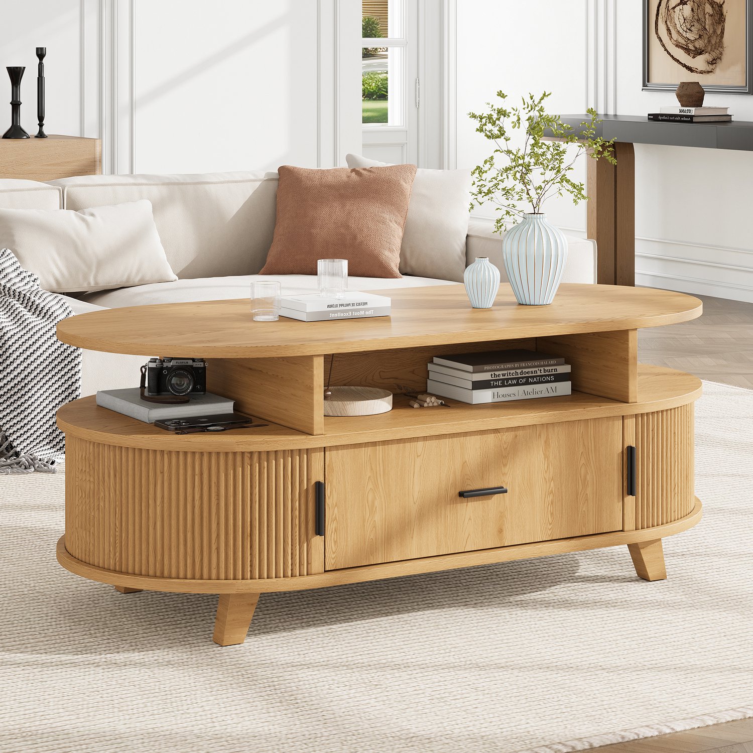 MIVRAY Salontafel - Ovale Tafel met Lade, 2 Roldeuren en Open Vakken - Voor de Woonkamer - MDF en Spaanplaat - Naturel - 100x50x40 cm Natuurlijke houtkleur