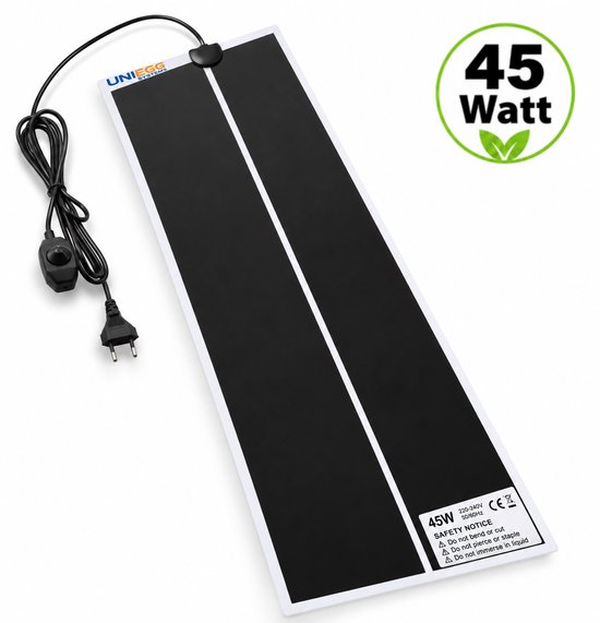 Zwarte Uniegg 45W warmtemat met wit randje, inclusief kabel met aan-uit schakelaar en stekker.