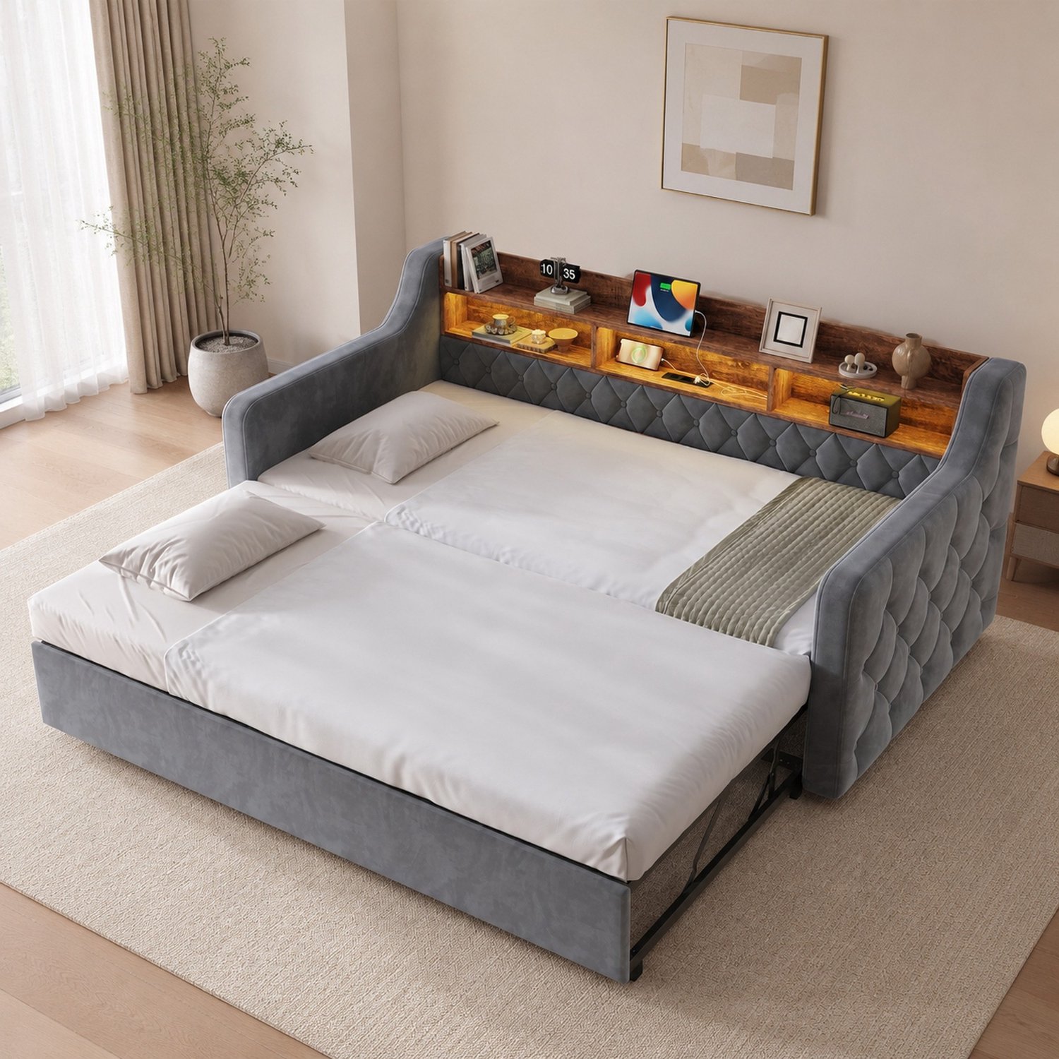 MEUNIQ Slaapbank met uitschuifbed 90 x 190 cm, fluwelen bekleding, opberghoofdbord, ledverlichting, USB- en type C-aansluiting, lattenbodem, donkergrijs