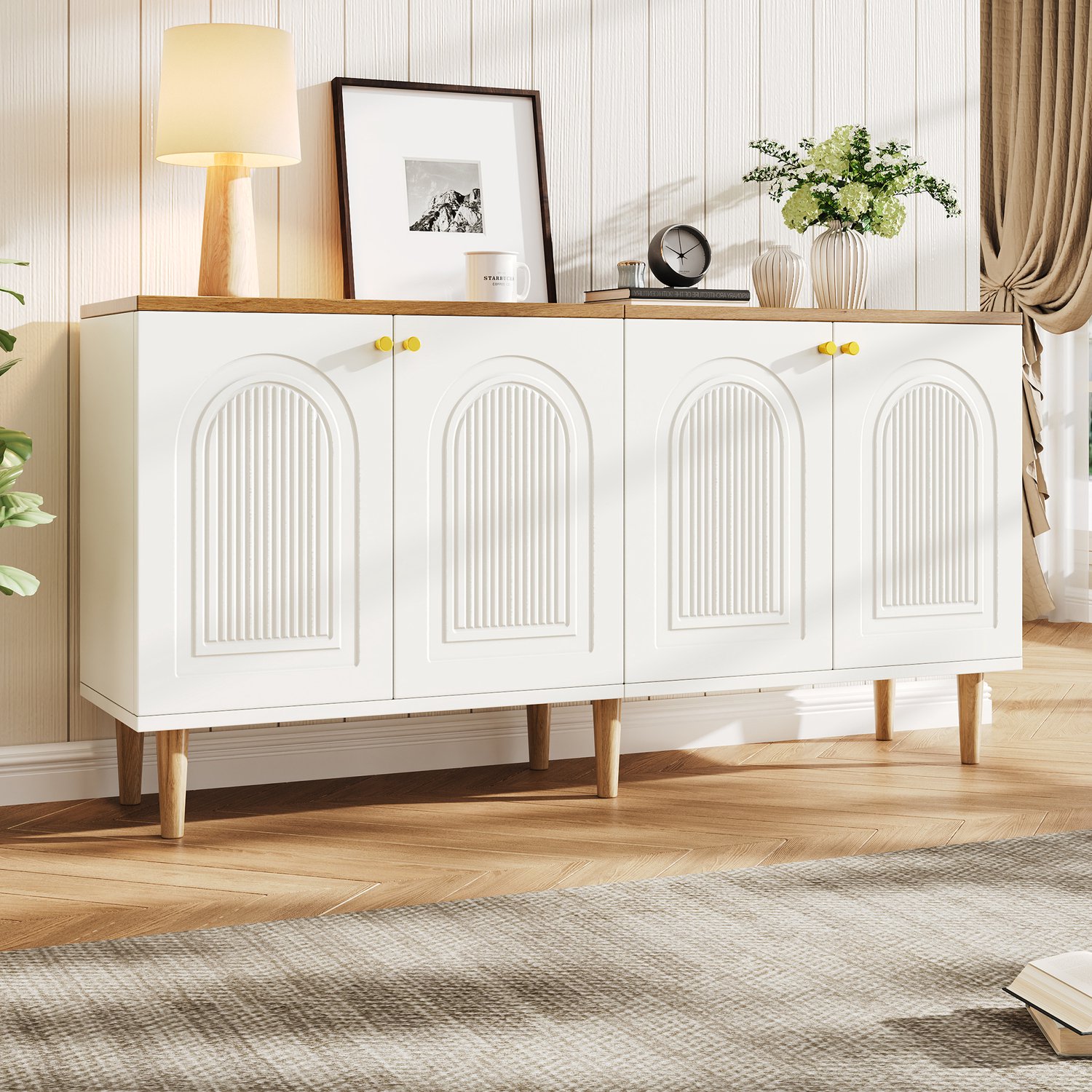 STILVORA Dressoir - 4 Deuren Met Reliëf - Voor Woonkamer En Eetkamer - Mdf En Spaanplaat - 140x35x71 Cm - Wit En Houtkleur