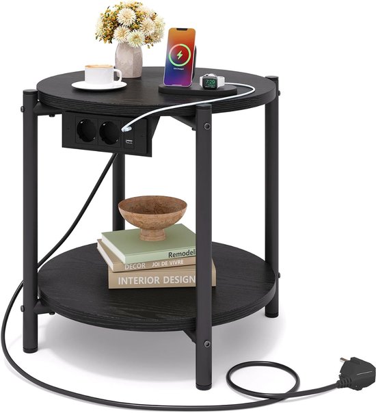 Ronde Bijzettafel met Stopcontact en USB-C – 40 x 47 cm – 2 Opbergniveaus – Metalen Frame – Salontafel en Nachtkastje – Zwart HM-BFW-01