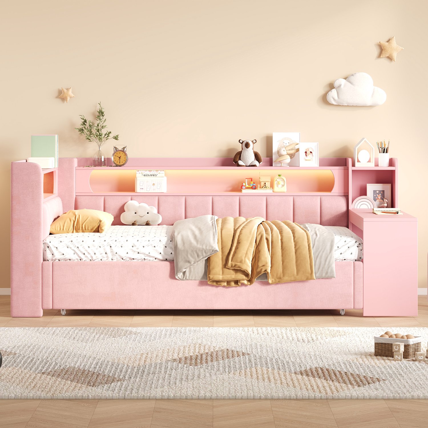 HAUSS SPOLE Gestoffeerd Dagbed 90x200 cm - Uittrekbed tot 180x200 cm - met Bureau, Rekken, Usb en Ledverlichting - Zonder matras - Linnen - Roze