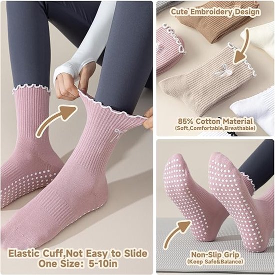 Pilates Sokken Antislip Dames - 4 Paar - Yoga Sokken Hoog- Pilates sokken - Gripsokken voor Yoga / Pilates / Ballet - Sportsokken -Antislip Katoenen Sokken - Antislip enkelsokken - One Size - Sokken Dames met ruche - dichte tenen - voor Ballet, Dans — afbeelding 2