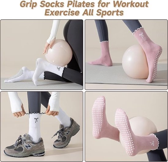 Pilates Sokken Antislip Dames - 4 Paar - Yoga Sokken Hoog- Pilates sokken - Gripsokken voor Yoga / Pilates / Ballet - Sportsokken -Antislip Katoenen Sokken - Antislip enkelsokken - One Size - Sokken Dames met ruche - dichte tenen - voor Ballet, Dans — afbeelding 5