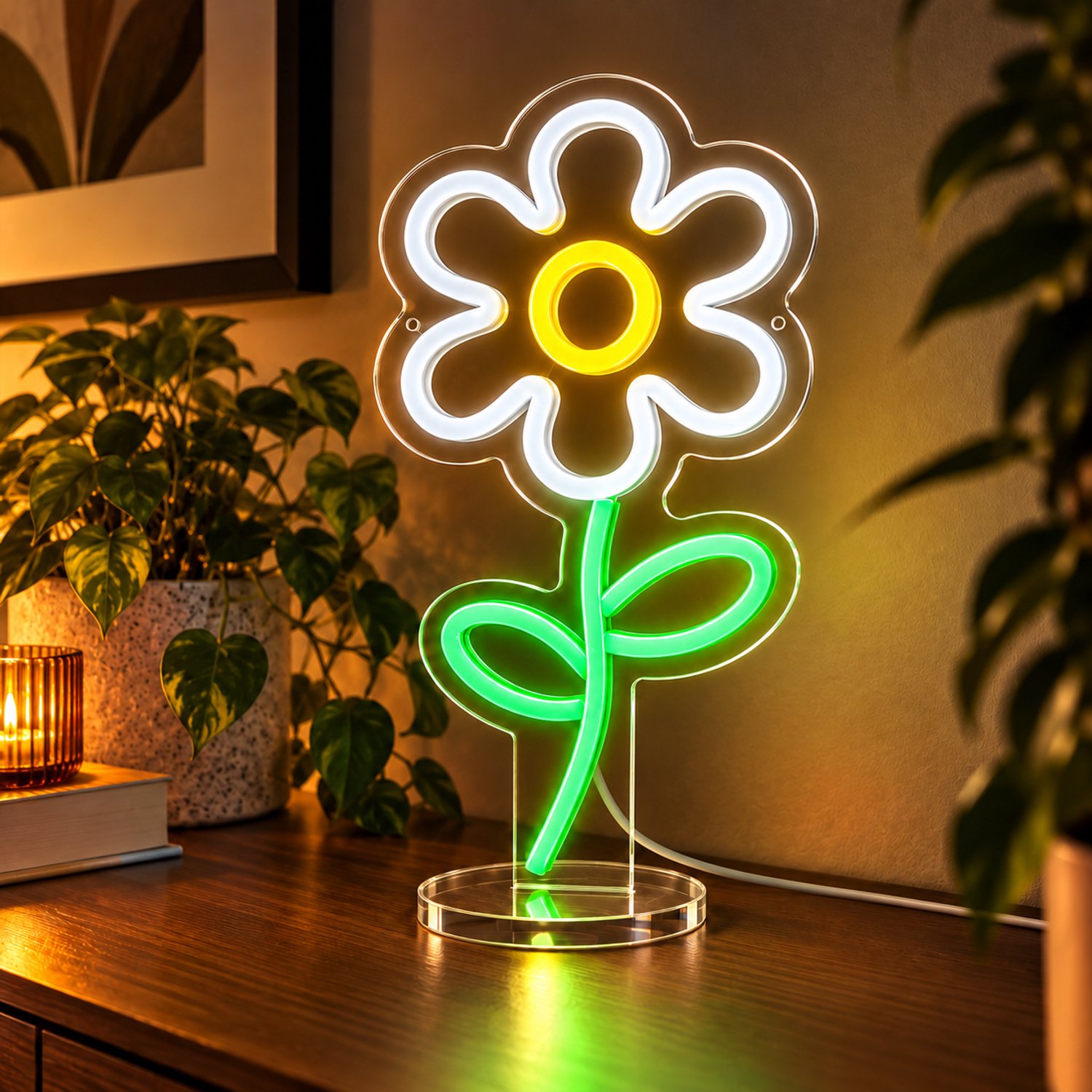 Neon Lamp - Bloemetje Wit - Staand - Dimbaar - Tafellamp - Neon Sign - LED Lamp - Verlichting - Wandlamp