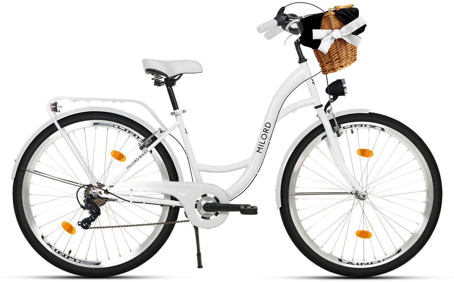 Milord damesfiets met rieten mand stadsfiets 28 inch 7 versnellingen wit frame