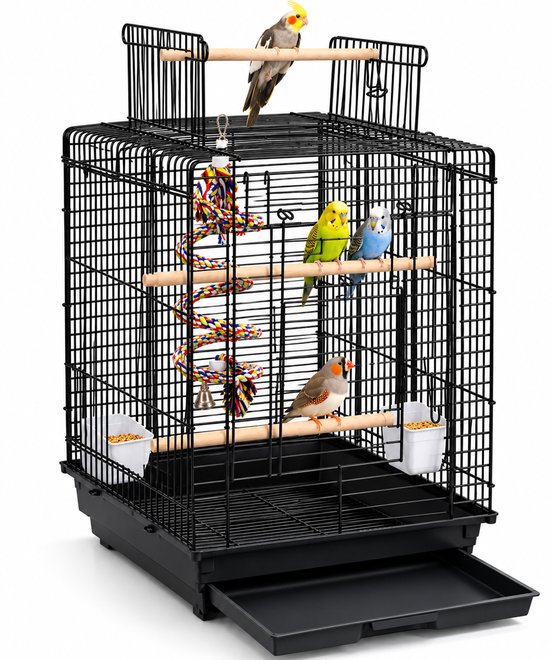 Papa Simba Vogelkooi Zwart – Parkietenkooi met Speelgoed, Zitstokken, Speeldak en Uitschuifbare Bodemlade – 40 x 40 x 58 cm – HMTM-BC-10005-Black