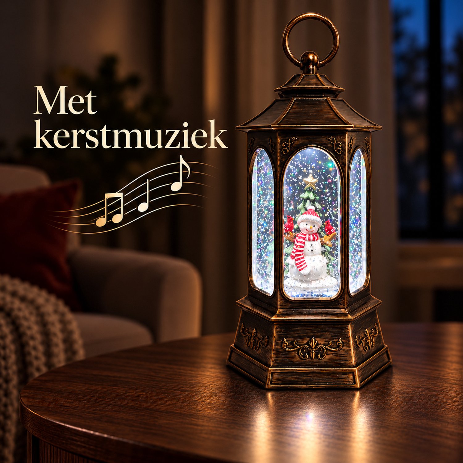 EasyMart Kerstlantaarn - Sneeuwbol met Muziek en LED Verlichting - Waterlantaarn met Bewegende Glitter - 27 cm - Sneeuwpop - Kerstdecoratie Binnen - Sneeuweffect - Zeshoekig - USB Kabel Inbegrepen - Op 3 AA Batterijen - Bronskleurig – foto 8