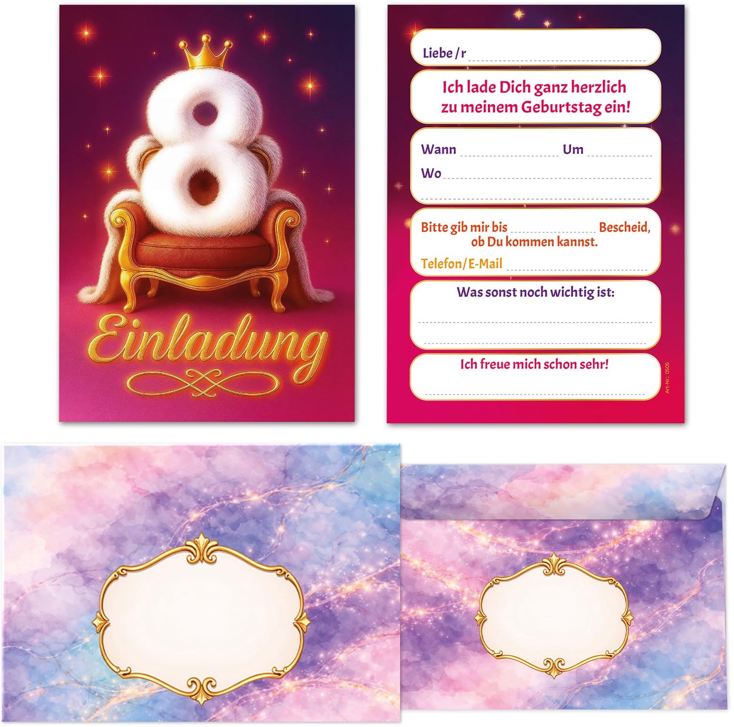 Uitnodigingskaarten voor 8e Verjaardag - Set van 12 met Enveloppen