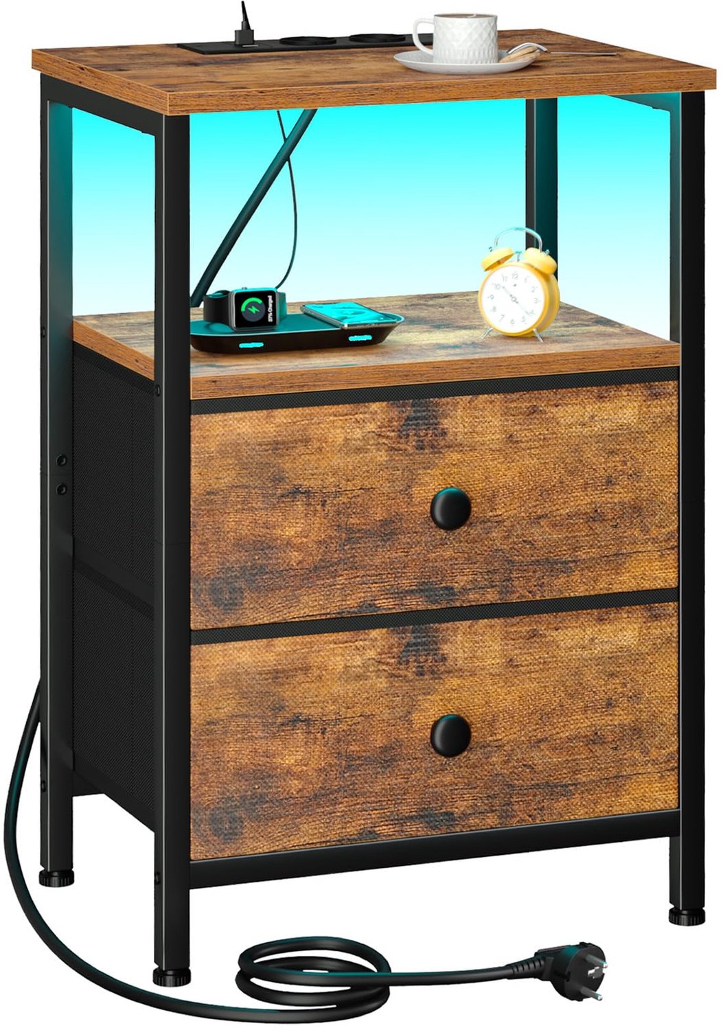LED Bedside Table met Oplaaddock en 2 Lades - Bruin
