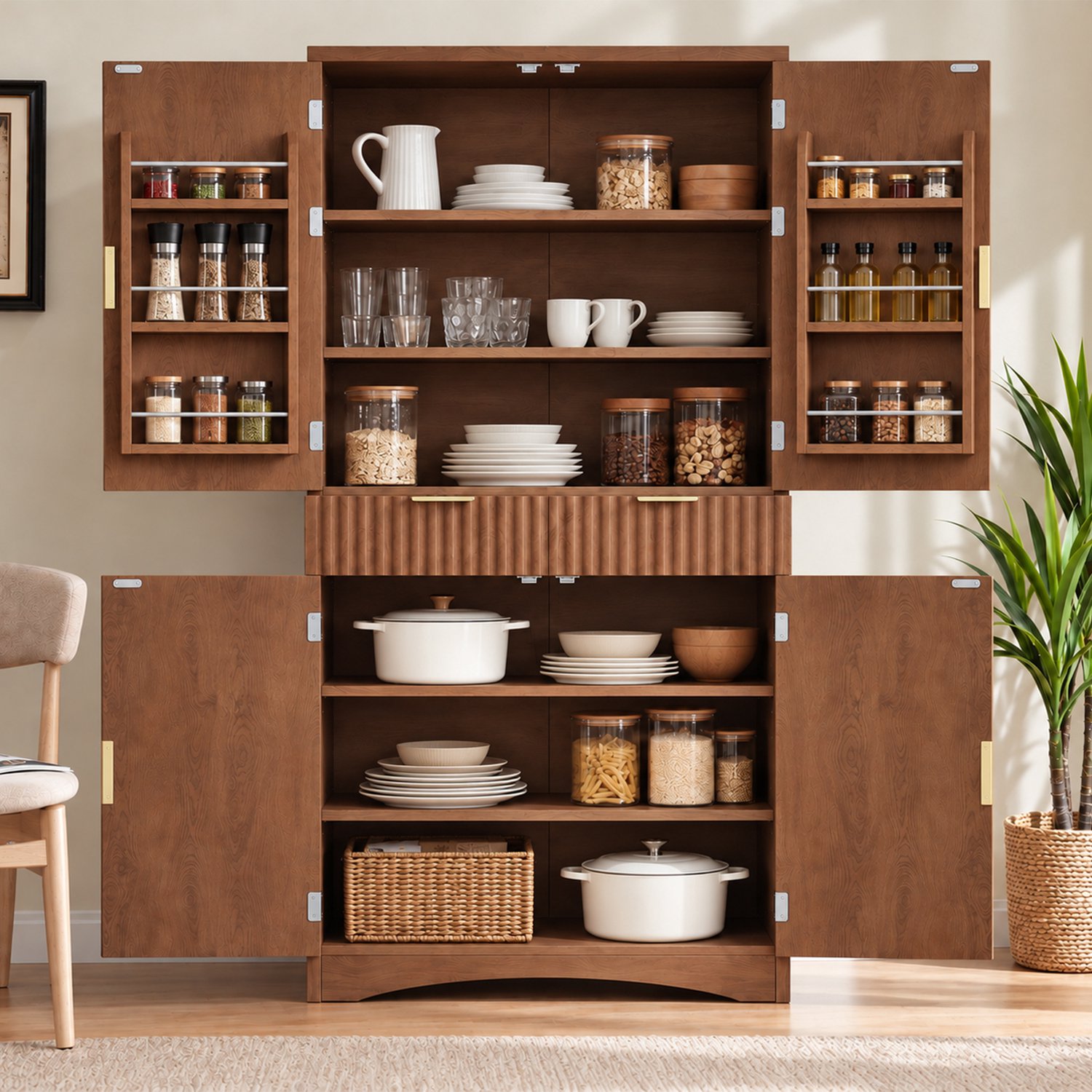 HAUSS SPOLE Keukenkast - Geribbelde Fronten Met Deuren En Laden - Verstelbare Planken Voor Keuken En Woonkamer - Spaanplaat - Walnootkleur - 180 Cm