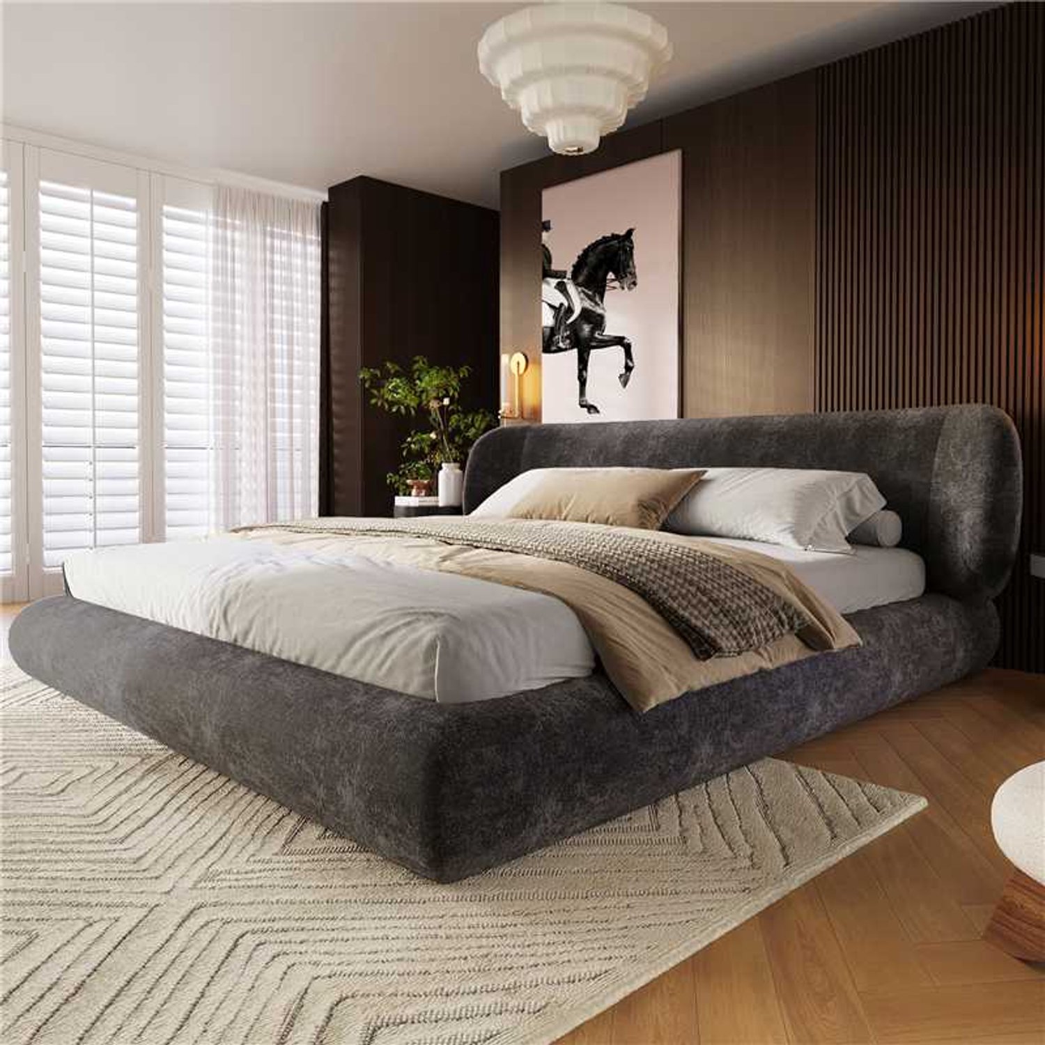 HAUSS SPOLE Gestoffeerd Bed 140x190 cm - Tweepersoonsbed met Hoofdbord en Lattenbodem - Afgeronde Hoeken - Zonder Matras - Chenille - Grijs
