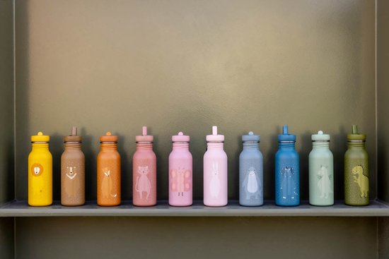 Tien drinkflessen van 500ml in diverse kleuren en dierenprints staan op een rij op een plank.