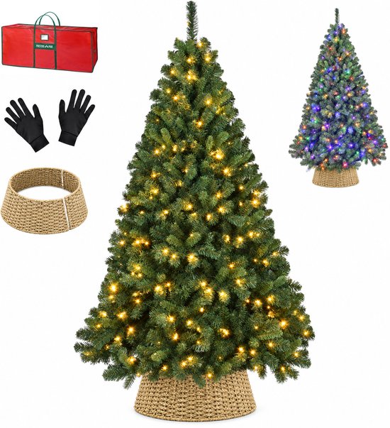 PristinePine Volle Kerstboom met Verlichting (280 LED) en Kerstboommand - 180 cm Kunstkerstboom inclusief zeegras mand en opbergtas - 980 Takken