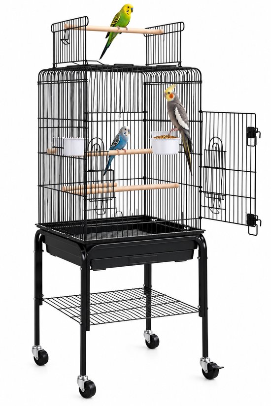 Papa Simba Vogelkooi met Standaard – Parkietenkooi, Kanariekooi en Vogelvolière – Openklapbaar Dak, Speelgoed, Voerbakken en Opbergrek – 46,5 x 46,5 x 136 cm – Zwart HMTM-BC-10006-BK