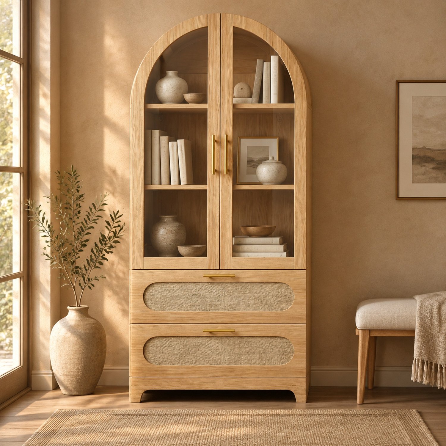 HAUSS SPOLE Vitrinekast - Boogvorm Met Glazen Deuren - 2 Laden En 3 Verstelbare Planken Voor Woonkamer - MDF En Glas - 80x40x175 cm - Eikenkleur Licht eiken