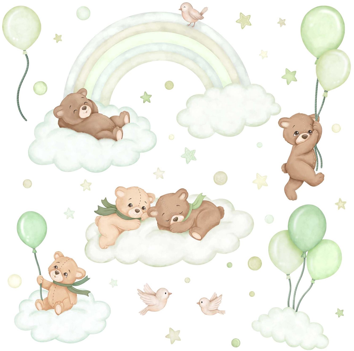 Wandsticker voor Kinderkamer met Beren op Wolken - Set van 38 Stuks