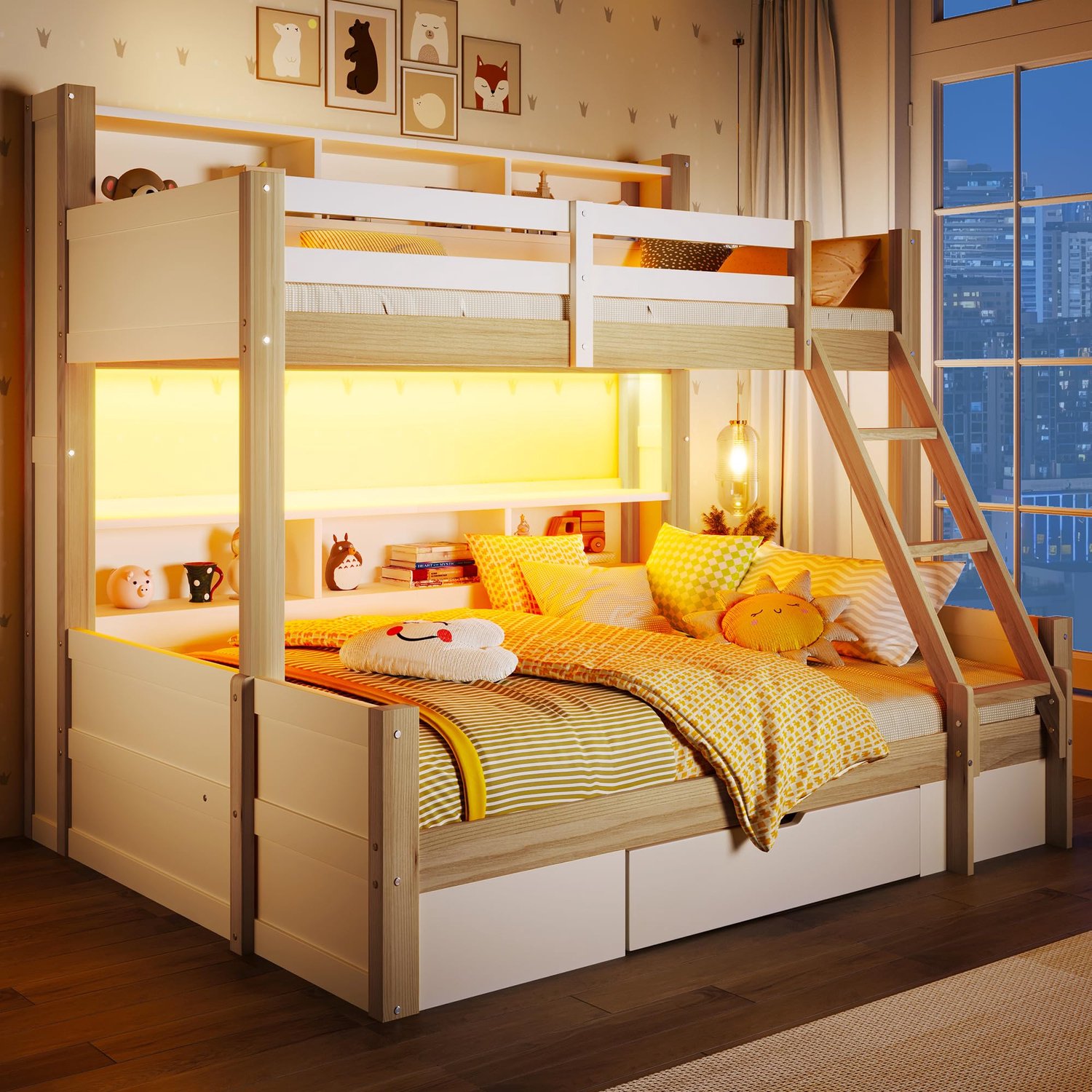 Bunk Bed 90 x 200 & 140 x 200 cm - Met LED verlichting en opberglades