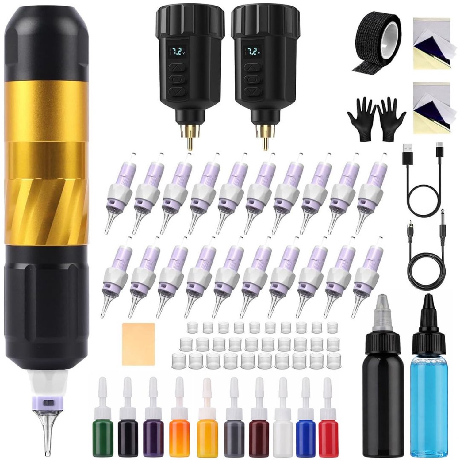 Tattoo Machine met Accessoires - Tattoo kit Draadloos - Complete Set - Geel en zwart
