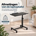Afmetingen van de zwarte laptoptafel: breedte 60 cm, diepte 35 cm, hoogte instelbaar van 65 tot 89 cm.