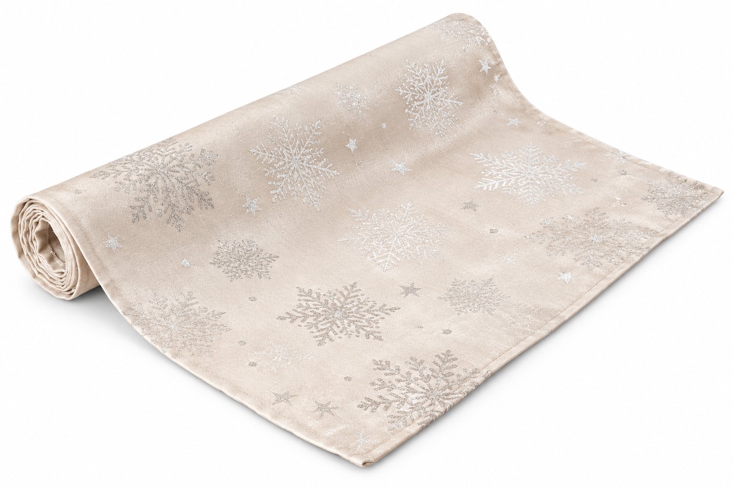 Kerst Tafelloper 40x150 cm – Beige & Zilver – Sneeuwvlokken Design – Waterafstotend – Subtiele Glans – Wasbaar op 40°C – Luxe Kerstdecoratie voor Eettafel – Winter Tafeldecoratie – foto 2