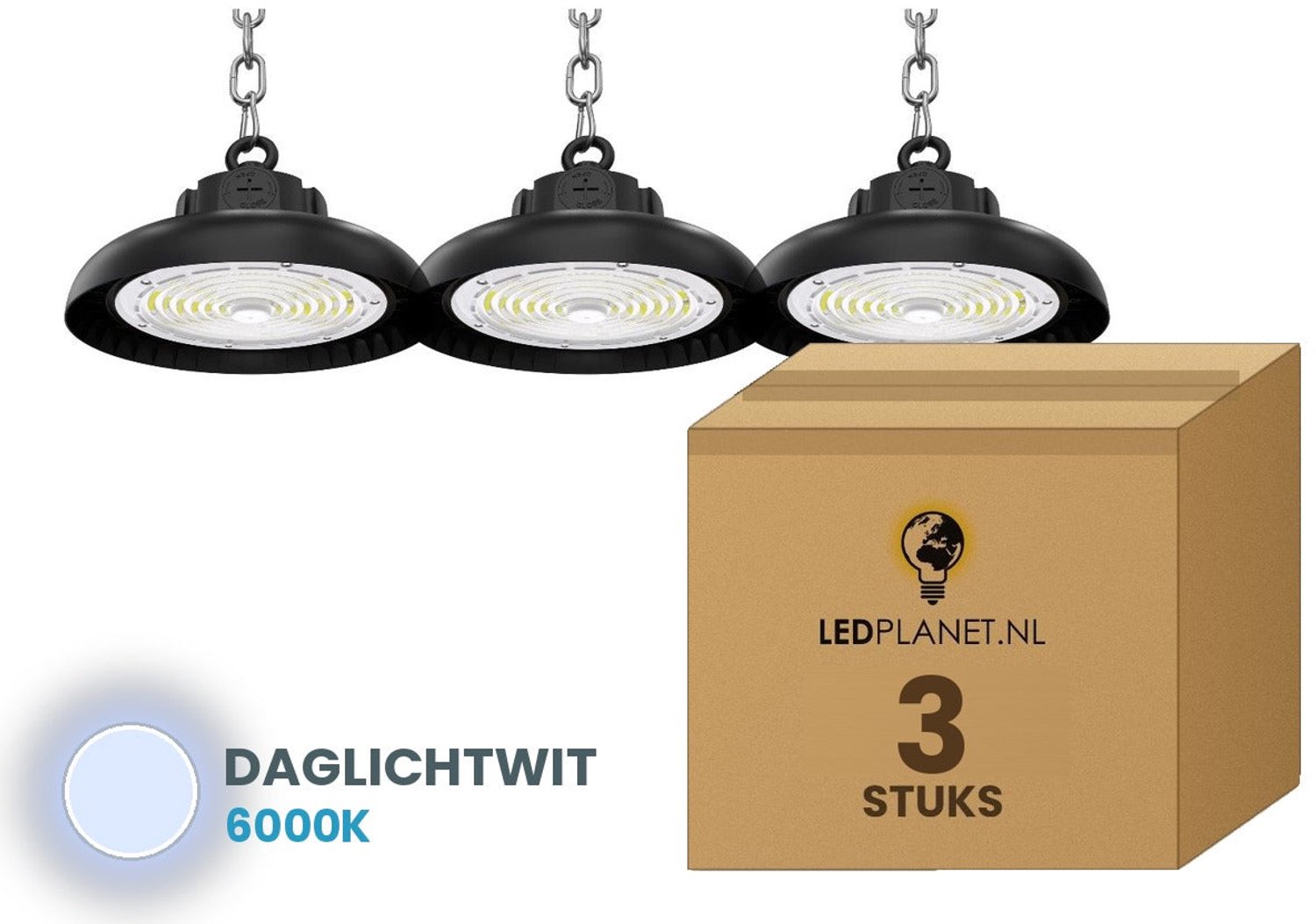 Tsong UFO Lamp - LED High Bay 150W - 27.000 lm - Daglichtwit 6000K - 3 stuks - Instelbaar 90/120/150W - IP65 - Hal, Werkplaats- & Garageverlichting - 5 jaar garantie