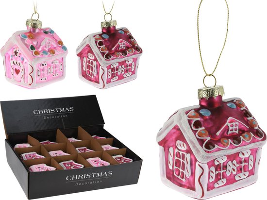 Roze glazen peperkoekhuisje kersthanger met suikerglazuurdetails in een 'Christmas Decoration' doos.